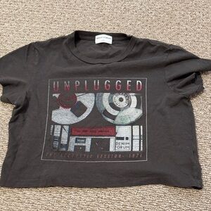 Denim Forum Black Cropped 'Unplugged' Graphic Tee with Red Accents